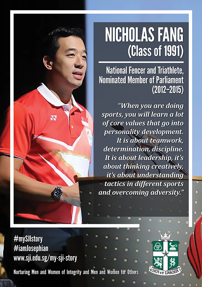 Promotional card for Nicholas Fang, Class of 1991, national fencer and triathlete, speaking at a podium in a red jersey.